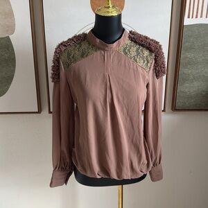 3/$10 Brown Ruffled Shoulder Long Sleeve Blouse with Mandarin Collar